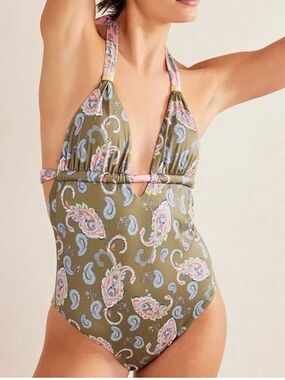 Boden Gather Halter Green Paisley Pink Boho Tie Ruched One Piece Swimsuit Size 6